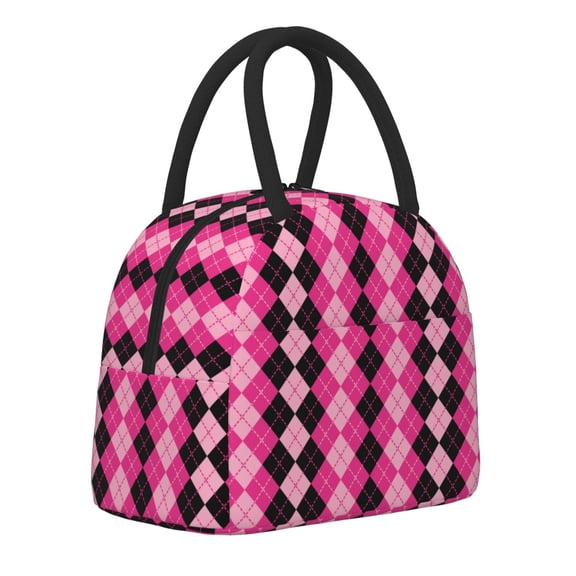 Logiee pink and black argyle Print Lunch Bag for Women & Men,Adult Insulated Lunch Box,Food Lunch Containers,Reusable High Capacity Lunch Tote Bags for Work, Travel, Outdoor