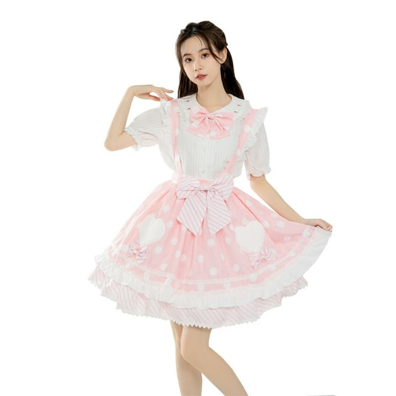 Packitcute Lolita Skirt For Girls Cute Heart Pattern Ruffled Lace Skirt Summer Suspender Skirt Pink