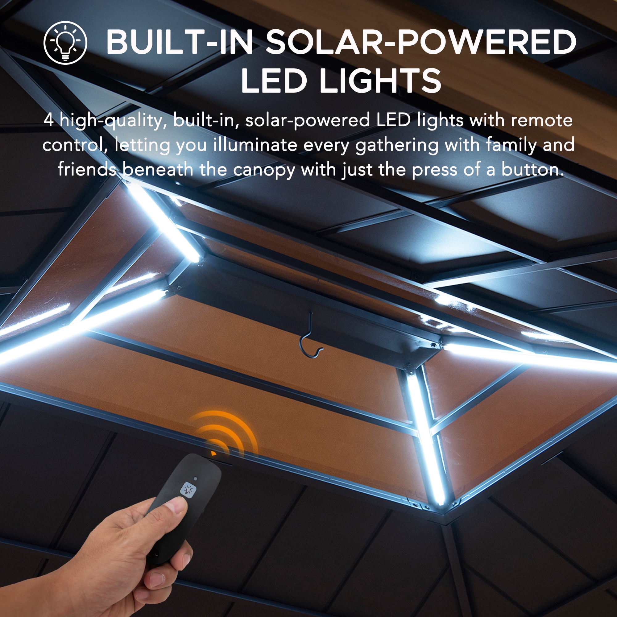 Sunjoy 11’ x 13’ Grayden Wood Gazebo , Outdoor Patio Solar Powered Hardtop Gazebo with One-Tier Metal Roof, LED Light and Ceiling Hook