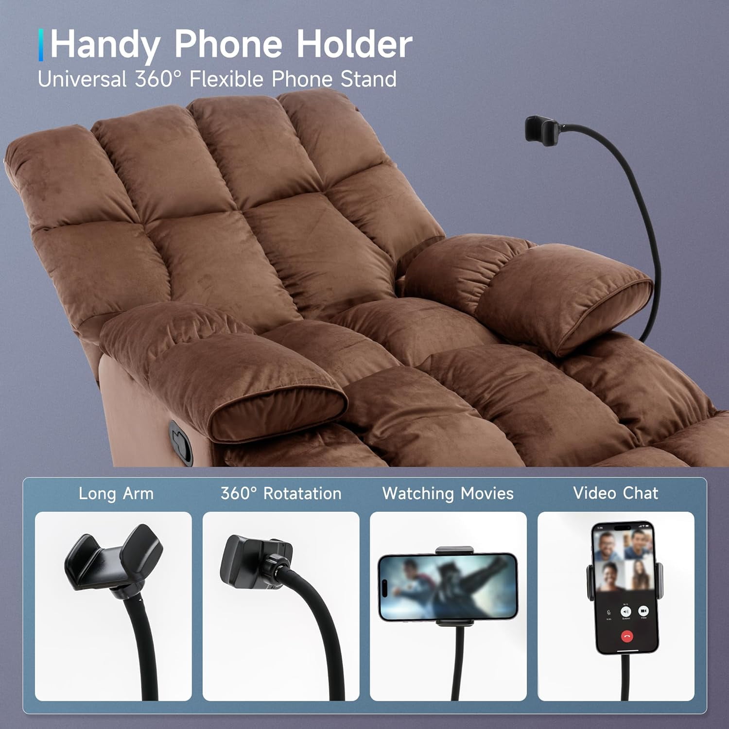 Oversized Recliner Chair 350 lb Weight Capacity, Home Oversized Velvet Manual Chair Recliner Overstuffed Arms and Back for Home Theater Living Room Brown