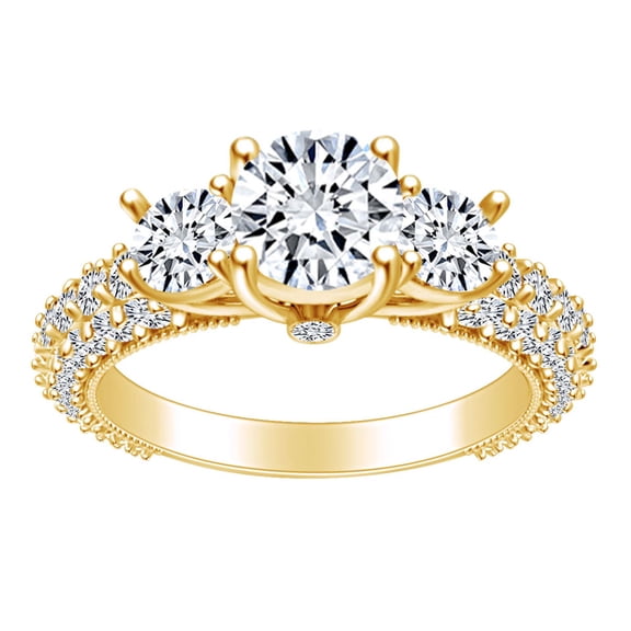 AFFY 2.6 Carat (Cttw) Round Shape White Natural Diamond Three Stone Engagement Ring In 14k Solid Yellow Gold Ring Size-5