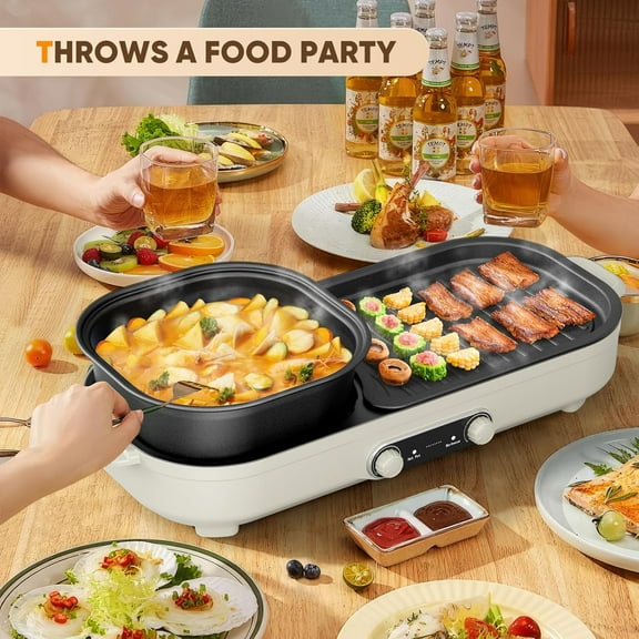 Electric Hot Pot with Grill - 2 in 1 Indoor Non-Stick Barbecue Shabu Hot Pot with Dual Temperature Control