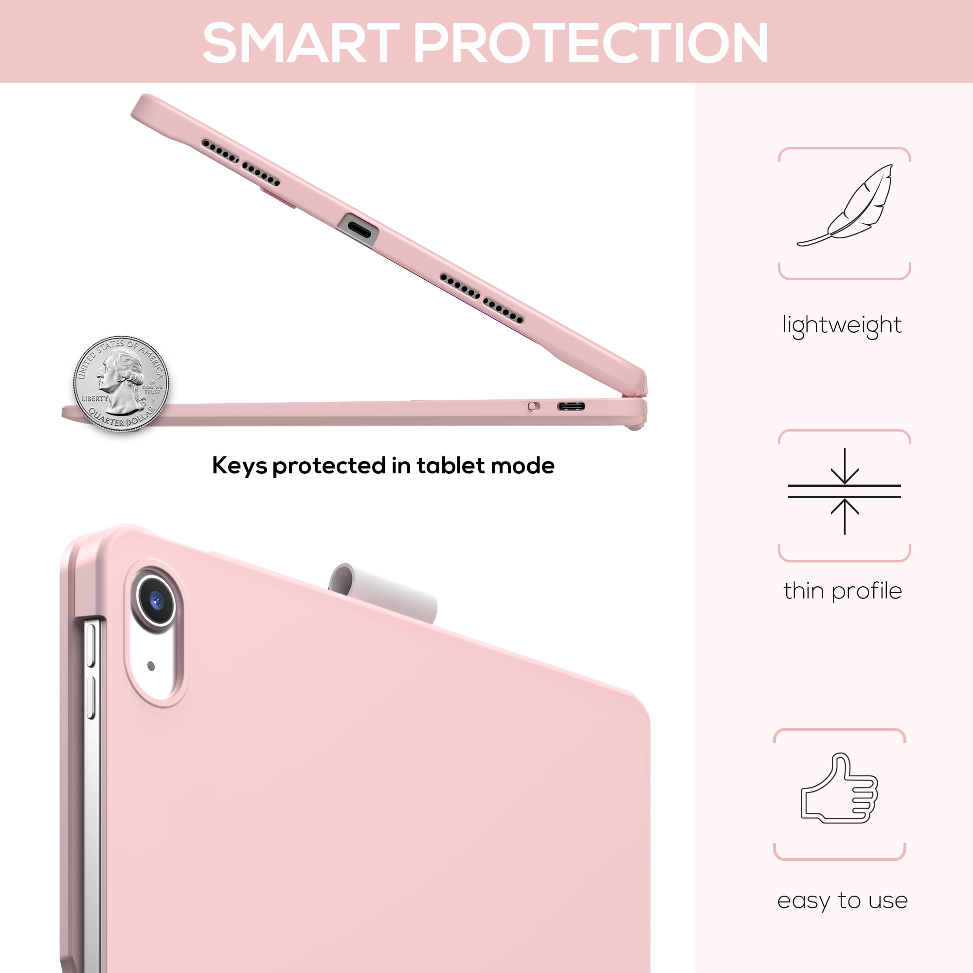 typecase Touch Case with Keyboard for iPad 11th(A16, 2025) & iPad 10th Gen(10.9", 2022), Trackpad, 11 Color Backlight, 360° Rotatable with Pencil Holder - Light Pink