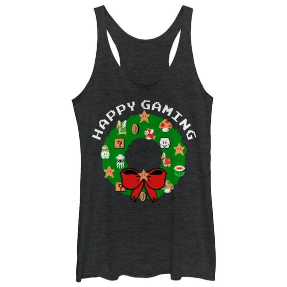 Women's Nintendo Christmas Happy Gaming Wreath Racerback Tank Top Black Heather Medium