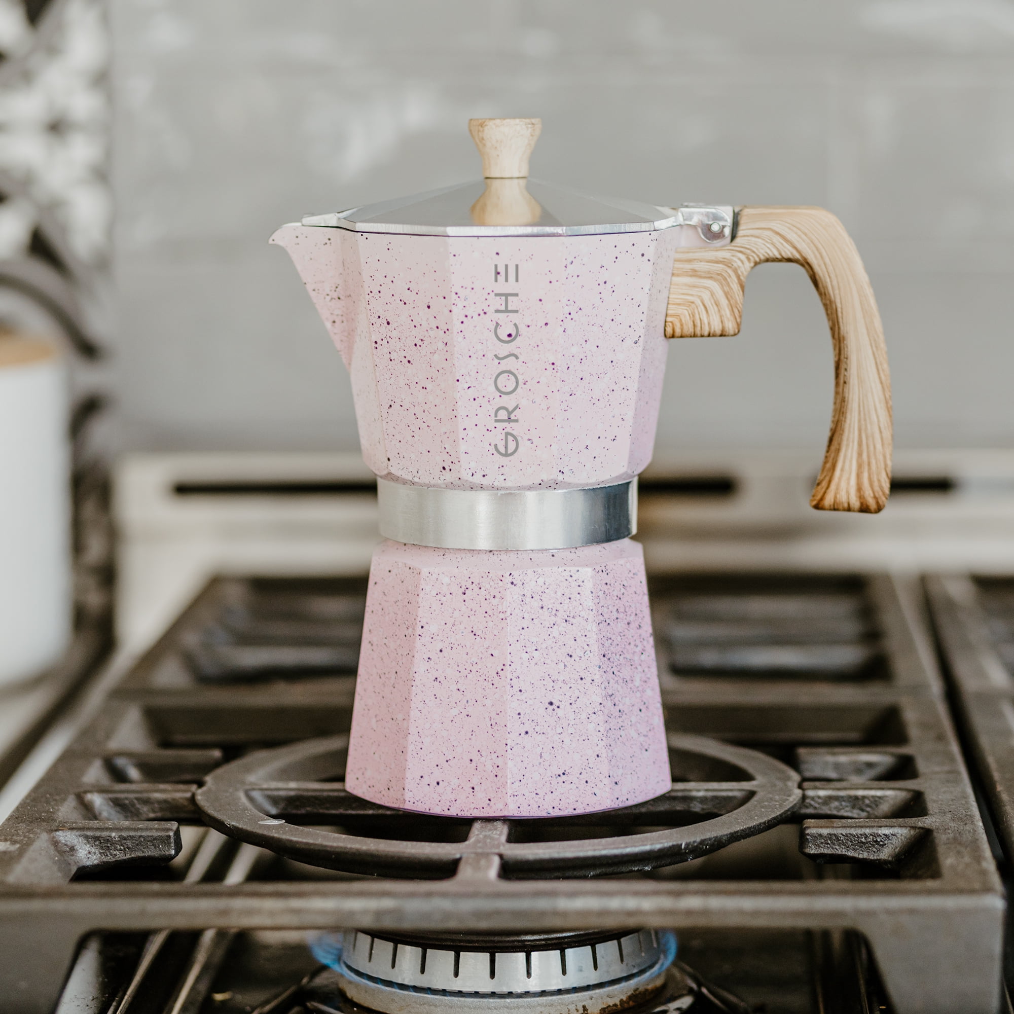 GROSCHE Milano Moka pot Stovetop Espresso maker Greca Coffee Maker Stovetop coffee maker and espresso maker percolator Pink 12 cup