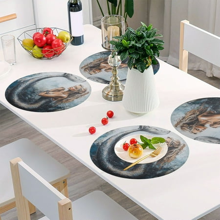 

Round Grid Placemat One Sizex4 Round Placemat PVC Plate Mat，15.4 Inch Non-Slip and Heat Resistant Table Placemat Dining Room Placemat Cartoon Mermaid Pattern