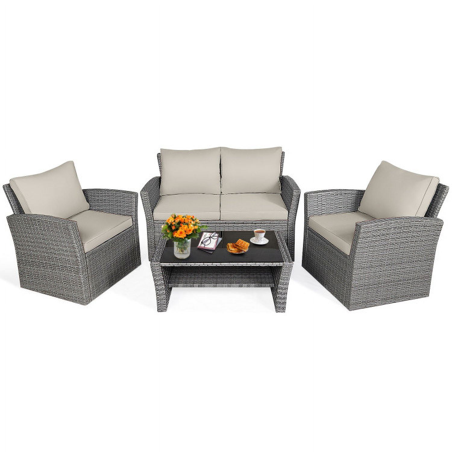 Aimee Lii 4 Pieces Wicker Patio Furniture Set Sofa Table with Storage Shelf Cushion, Modern Patio Furniture, Khaki Aimee Lii 4 Pieces Wicker Patio Furniture Set Sofa Table with Storage Shelf Cushion, Modern Patio Furniture, Khaki