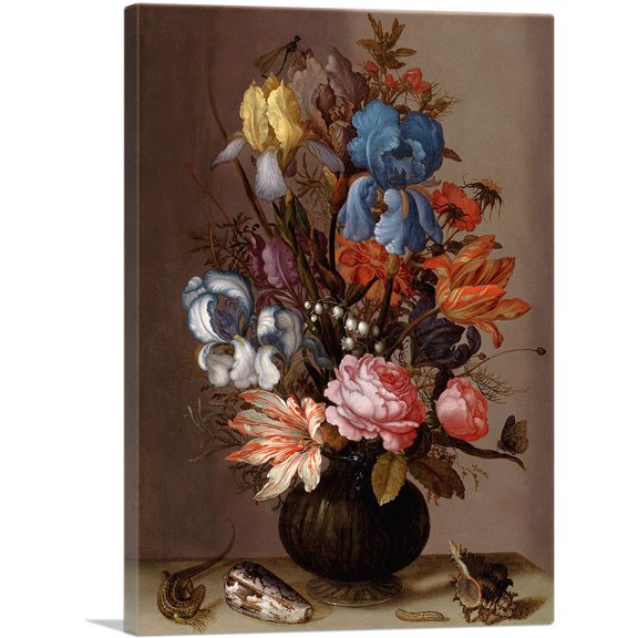 ARTCANVAS Flowers in Vase With Lizard 1625 Canvas Art Print by Balthasar van der Ast - Size: 12" x 8" (0.75" Deep)