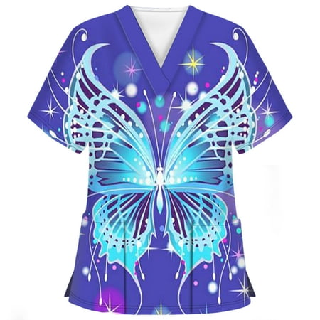 

yoeyez Scrubs for Women Tops Clearance Women s Fashion Short Sleeve Butterfly Printed V-Neck Double Pockets Nurse Tops Blusas MéDicas Para Damas