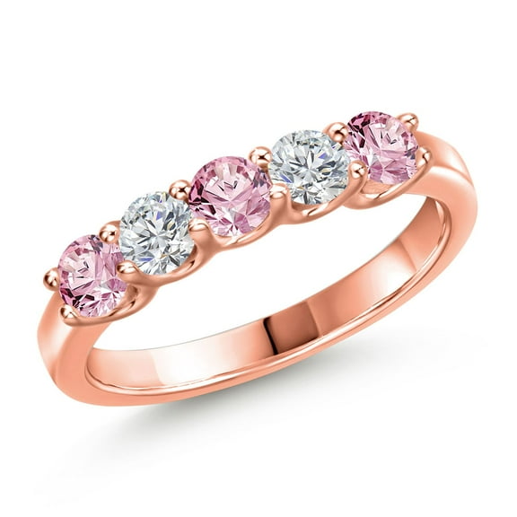 Gem Stone King 18K Rose Gold Plated Silver Pink and White Lab Grown Diamond Wedding-Bands Ring for Women | 0.88 Cttw | Round 3.5MM | Gemstone April Birthstone | Size 8