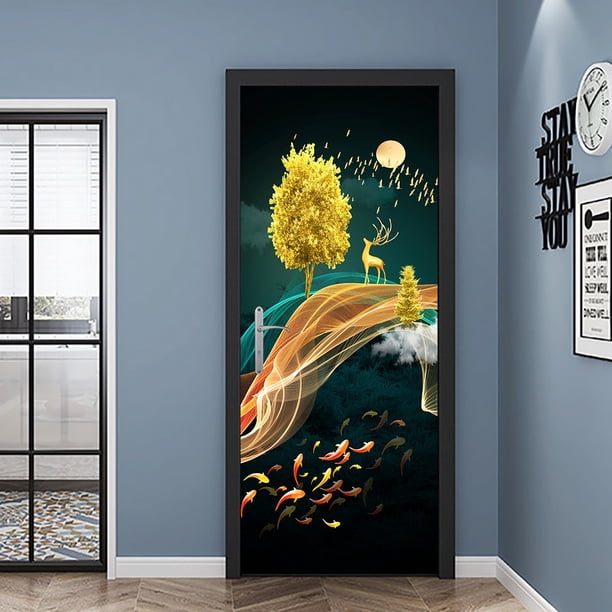 (77x200cm,H) Etiqueta de la puerta Efecto Trompe l'oeil 3D Interior PVC Pegatinas de pared para decoración de la pared Sala de estar Cocina Dormitorio Baño Papel pintado Rojo Verde RV1016-0122908FYD