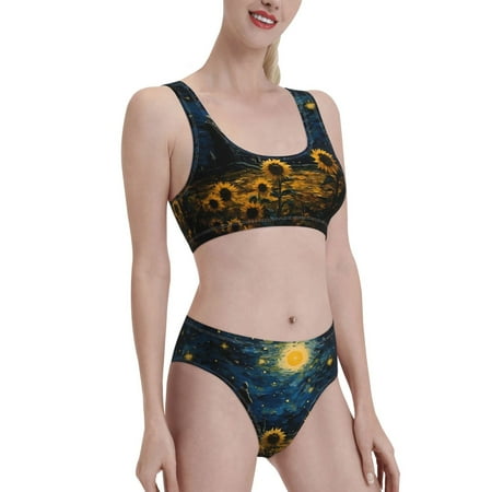 Uemuo Oil Starry Sky Sunflower Printed Women s High Waisted Bikini Sets Sporty Two Piece Swimsuits Color Block Cheeky High Cut Bathing Suits-