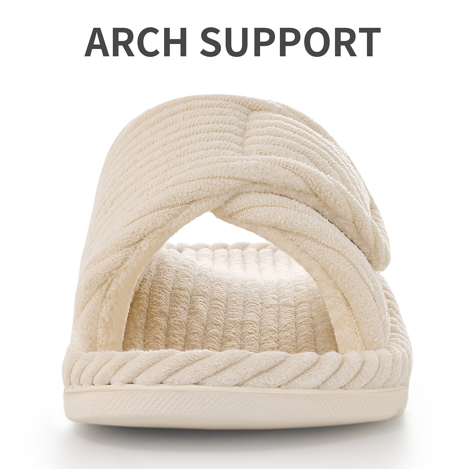 Litfun Orthotic Slippers for Women Adjustable Corduroy House Slippers Arch Support Slide Slippers, Beige, Size 8-8.5