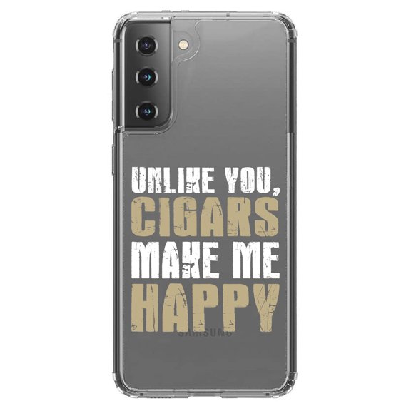 DistinctInk Clear Shockproof Hybrid Case for Galaxy S21  PLUS 5G (6.7" Screen) - TPU Bumper Acrylic Back Tempered Glass Screen Protector - Unlike You, Cigars Make Me Happy