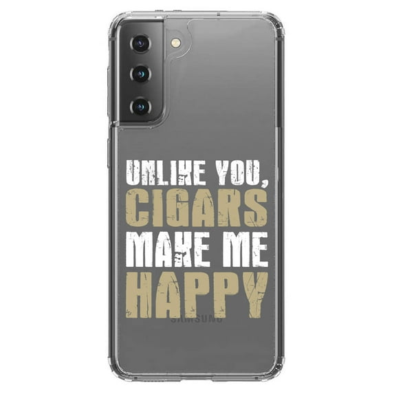 DistinctInk Clear Shockproof Hybrid Case for Galaxy S21 5G (6.2" Screen) - TPU Bumper Acrylic Back Tempered Glass Screen Protector - Unlike You, Cigars Make Me Happy