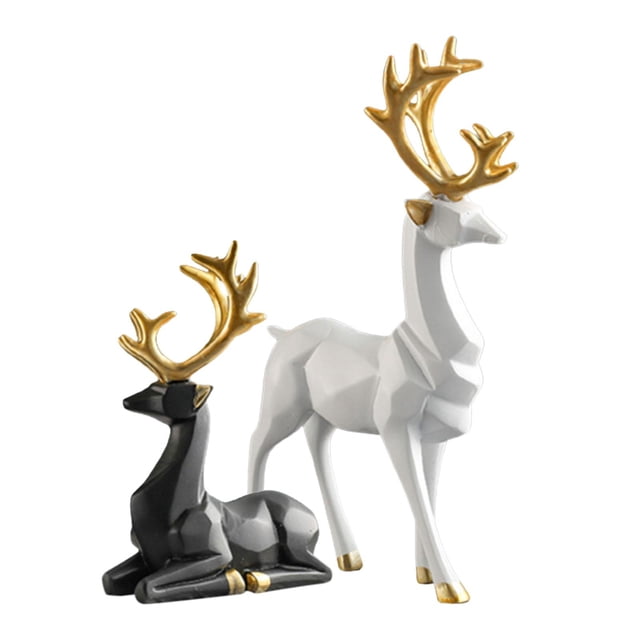 1 par de estatuas de renos, figura de pareja de alces, estatua de amantes de los ciervos, esculturas de ciervos Blanco + Negro