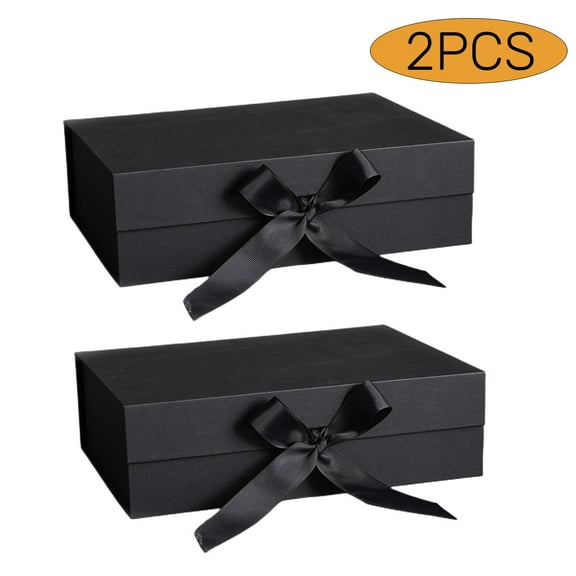 Gift Box with Lid Card Box with Ribbon for Presents with Black Raffia Grass for Birthday Wedding Christmas 10.5"x7.5"x3.15" Black 2Pcs