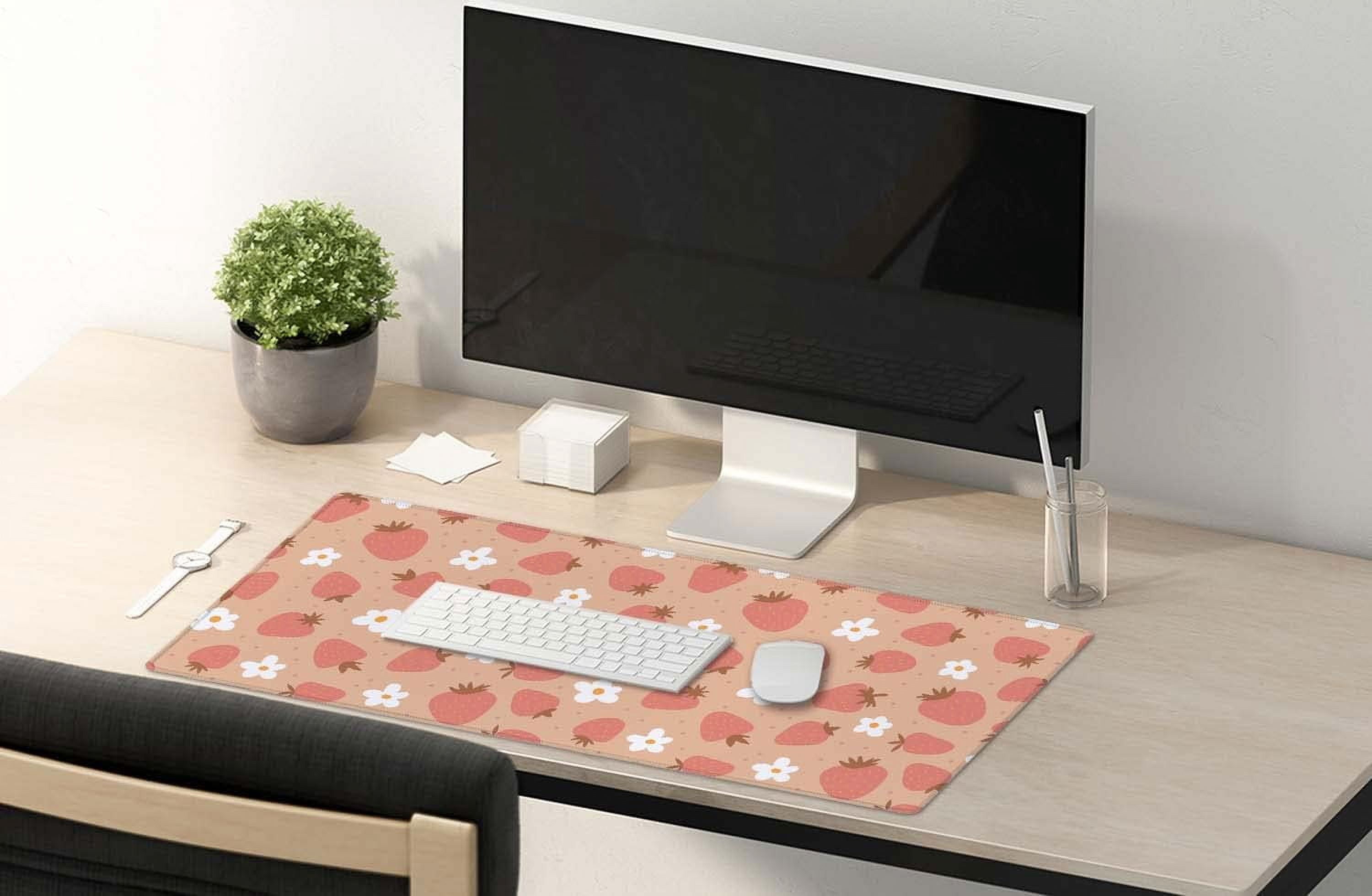 Large Mouse Pad, Full Desk XXL Extended Gaming Mouse Pad 35.5" X 15.7", Waterproof Desk Mat with Stitched Edge, Non-Slip Laptop Computer Keyboard Mousepad for Office & Home, Strawberry and Daisy