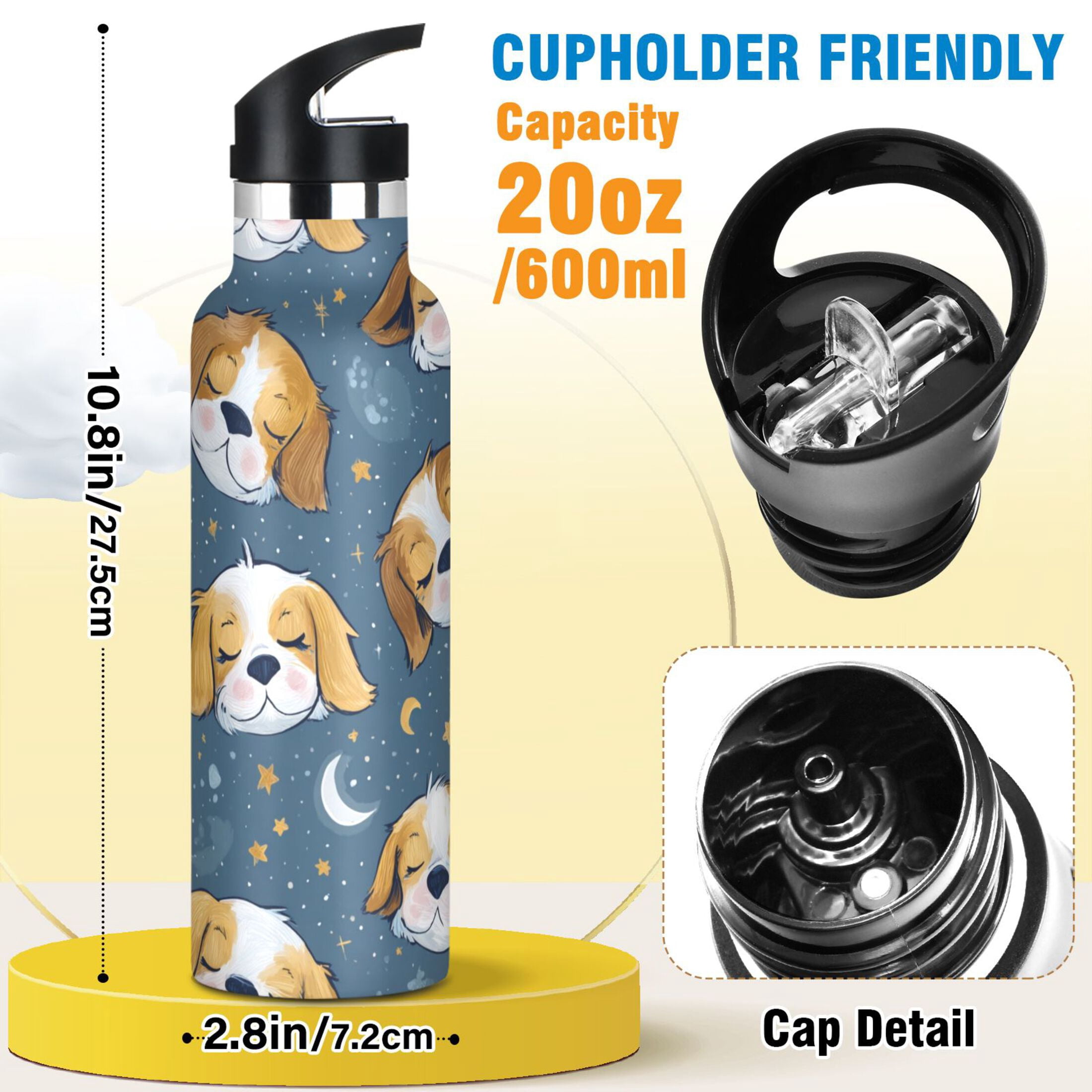 600ML Stainless Steel Insulated Cup Sports Water Bottle Portable Thermos Cup Water Glasses Insulated Tumblers Convenient and Durable Cute Dog Face