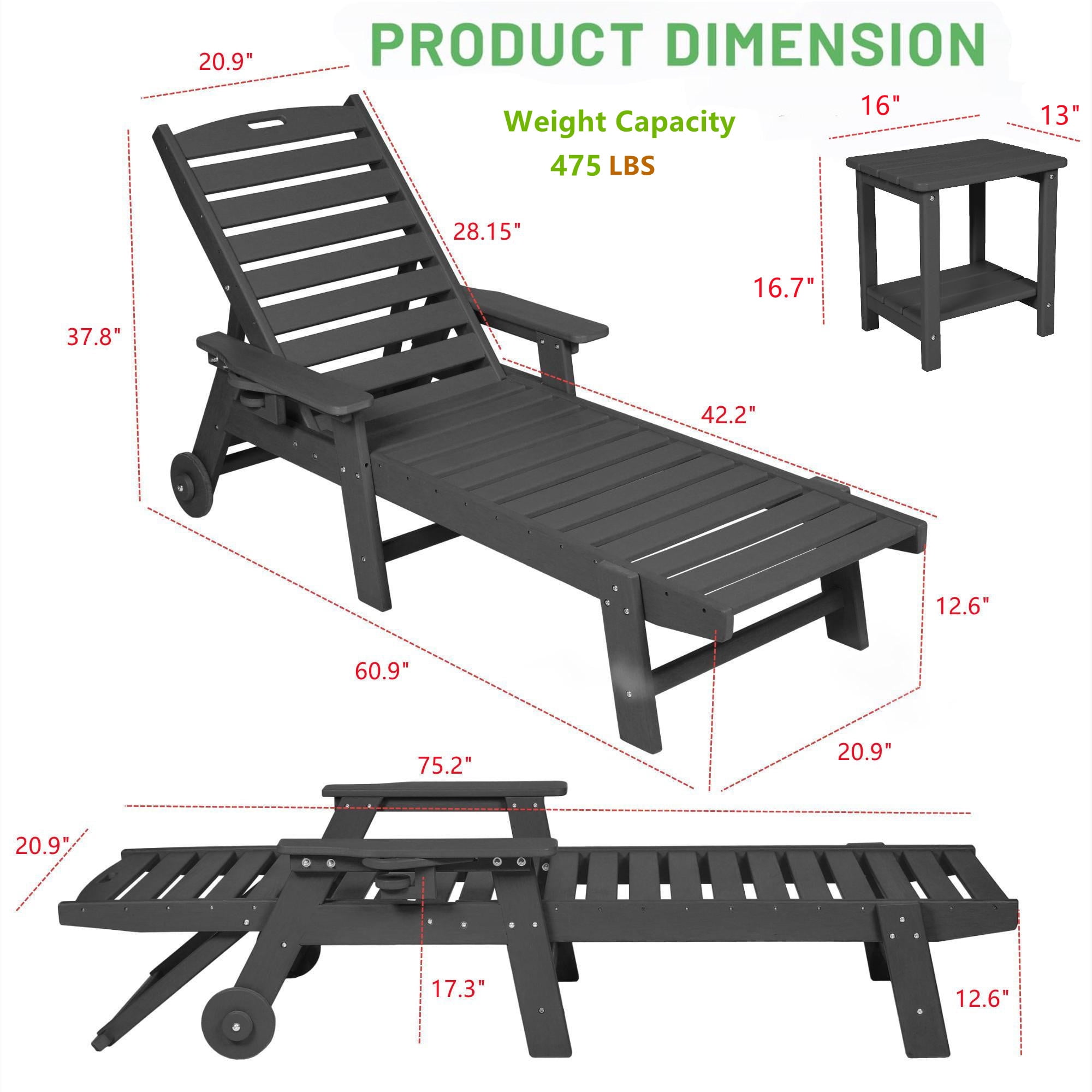 Aukfa 3 Pcs Outdoor Patio Chaise Lounge w/ Coffee Table&Cup Holder, Adjustable Backrest, HDPE, Gray