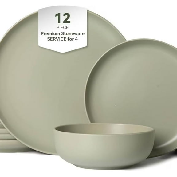 12-Piece Matte Green Dinnerware Set,Stoneware Dinnerware for 4, Microwave & Dishwasher Safe, Stackable Design for Kitchen and Dining - Plates and Bowls