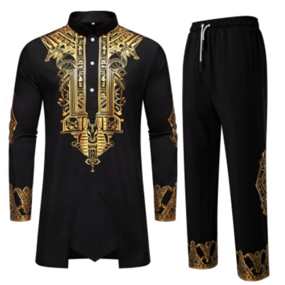 CONZONE Mens African 2 Peice Sets Casual Arab Suit for Men Gold Embroidery Long Sleeve Dashiki Pants Cozy Traditional Outfit Set