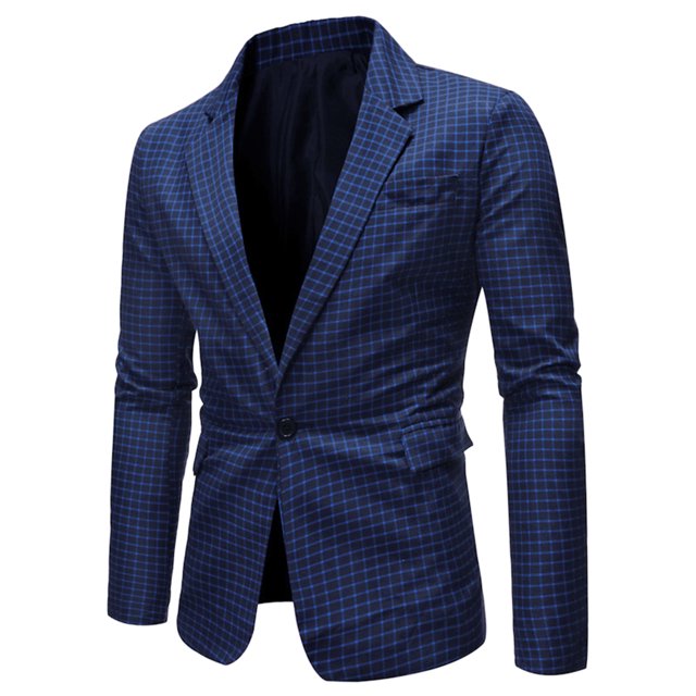 vestido de hombre blazer a cuadros un botón slim fit traje a cuadros chaqueta deportiva chaqueta pequeña azul oscuro. Blazer slim fit azul oscuro con patrón de cuadros tartán, vista frontal 3/4 centrada; cierre de un botón, solapas de muesca y forro interior negro con bolsillo interior visible. Manga larga con puños con detalle de cuatro botones en la costura y dos bolsillos de tapeta frontales; corte entallado según la tabla de tallas en la ficha. Apto también como chaqueta sport-casual para eventos formales informales.
