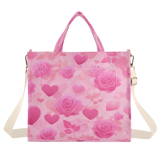 Corduroy Tote Bag for Women Shoulder Handbags Fashion Ladies Purses Satchel Messenger Bags Pink Hearts and Roses Pattern S