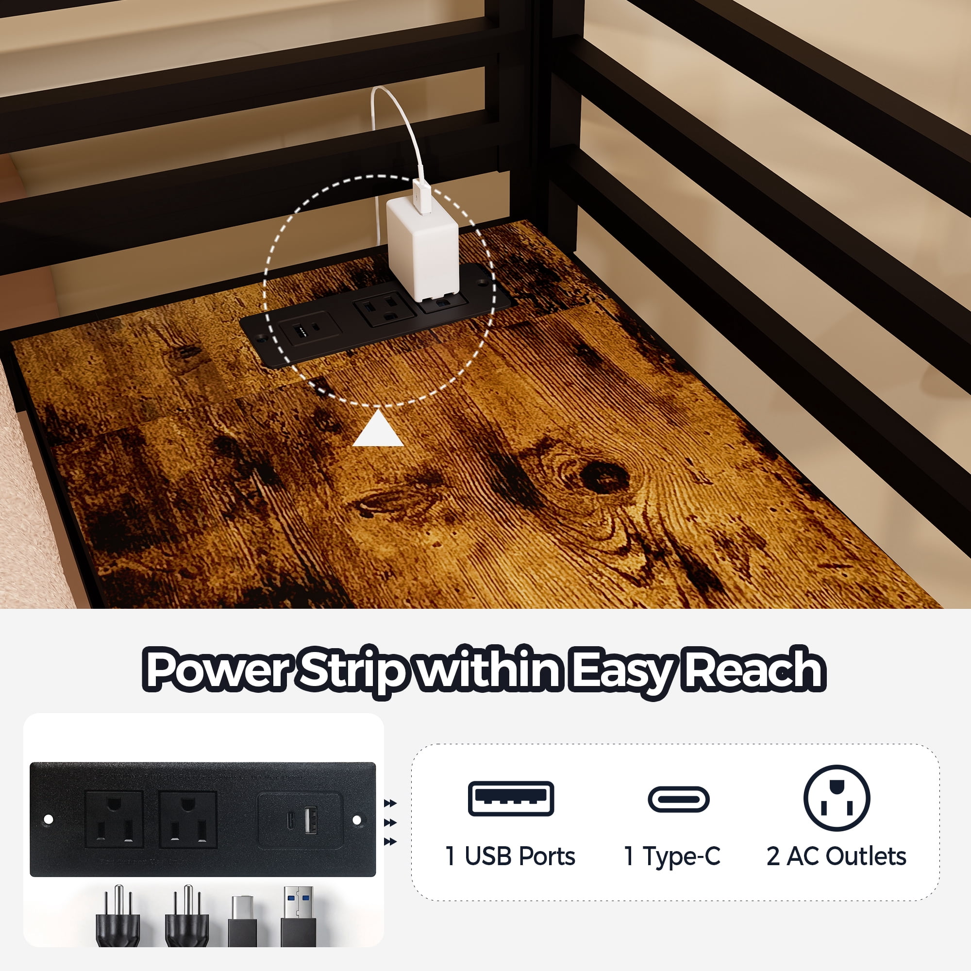 Leumius Metal Twin Triple Bunk Bed with USB Charging Station,Twin over Twin over Twin Bunk Bed for 3,Separates Into 3 Twin Beds,Noise Reduced Structure,Black