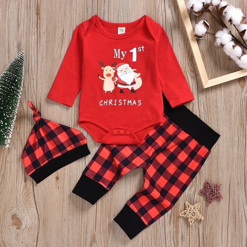 Christmas Newborn Baby Boy Clothes Set Santa Print Ribbed Bodysuit