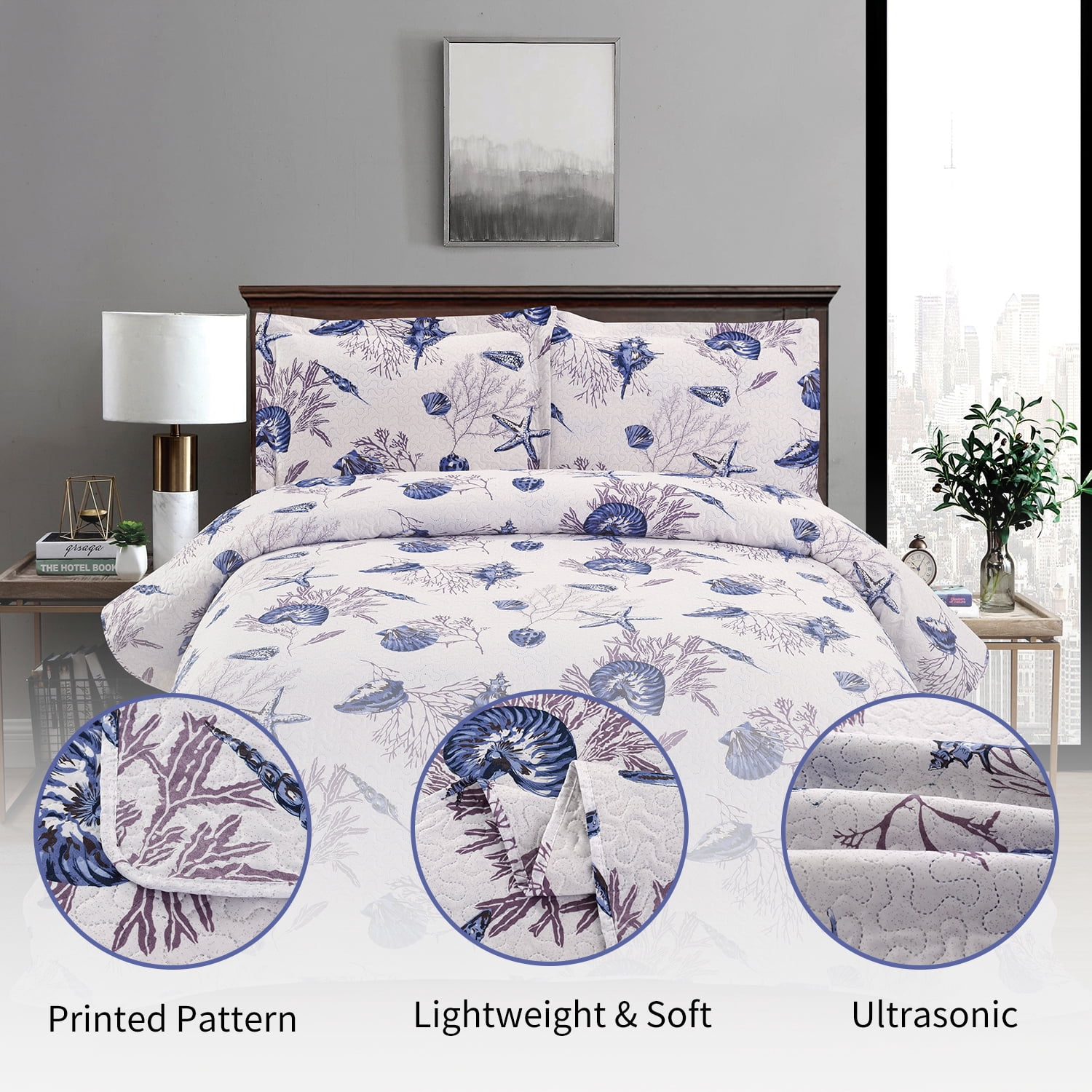 Beartech Ocean Quilt Set King Size White Dark Purple Conch Quilt Lightweight Reversible Microfiber Bedspread Coverlet Cabin Bedding Set