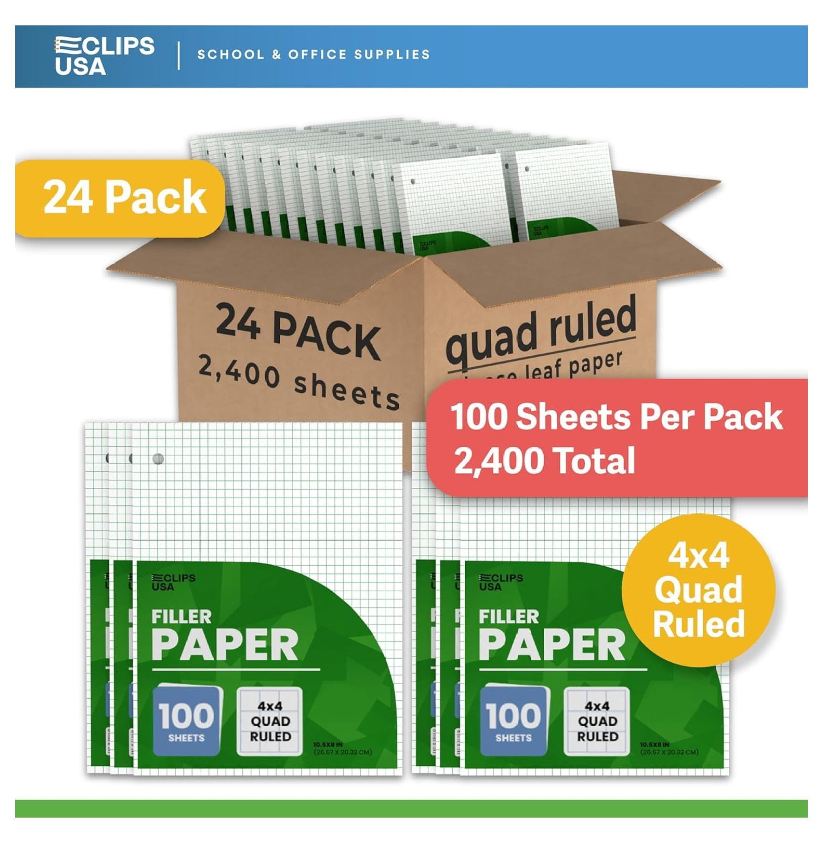 Graph Paper, Loose Leaf (24 Pack) - 4 x 4 An Inch Quad Ruled, 10.5" x 8" Graphing Sheets, 100 Per Pack, 60 GSM