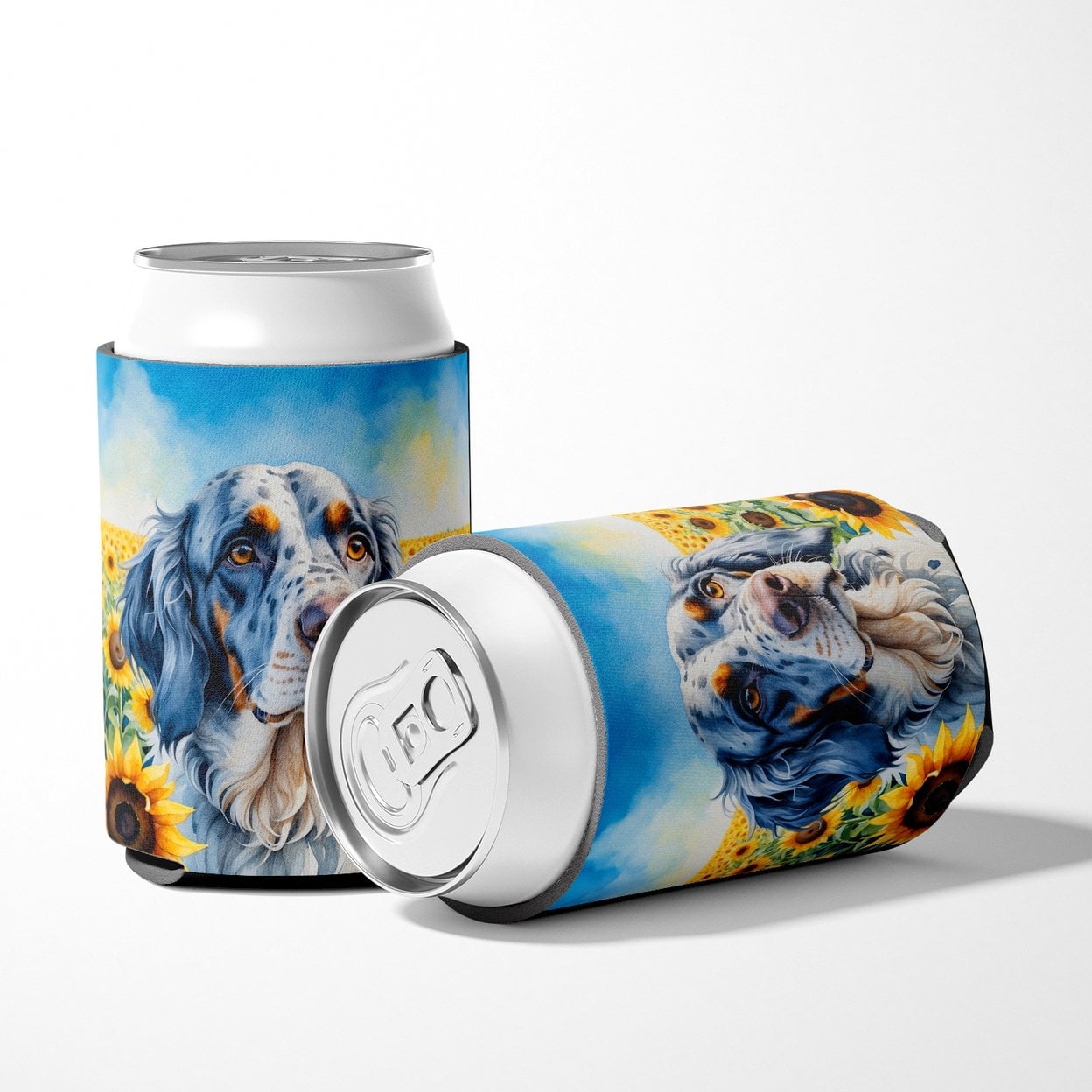English Setter in Sunflowers Can or Bottle Hugger 3 in x 5 in