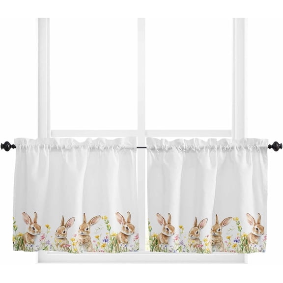 Tier Curtains 36 Inch Length, Spring Easter Bunny Cute Rabbits Wildflowers Rod Pocket Short Kitchen Curtains 2 Panels, Farmhouse Window Treatment Tiers for Cafe Bathroom, 27.5”x36”