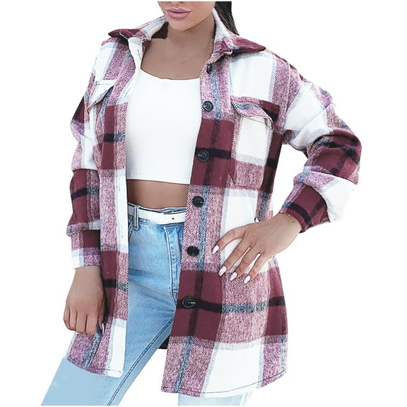 Jacenvly Spring Womens Jackets Fleece Plaid Flannel Jacket Soft Warm Long Sleeve Outerwear Lapels Pocket Button up Coats Leisure Fashion Thigh Length Blouse