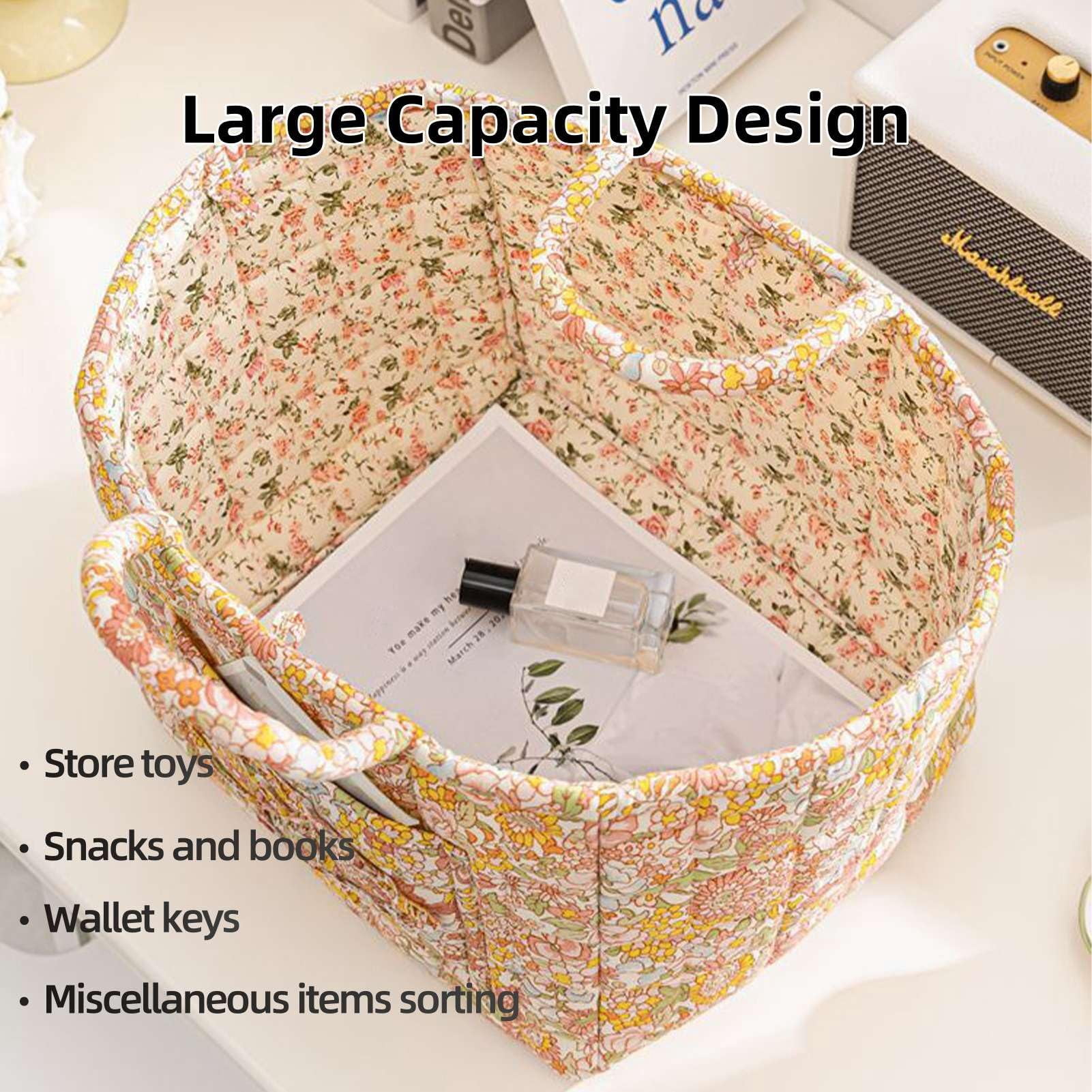 Guilted Basket - Quilted Storage Basket, Floral Foldable Storage Basket Car, Quilted Easter Basket with Easy-Carry Handles Large