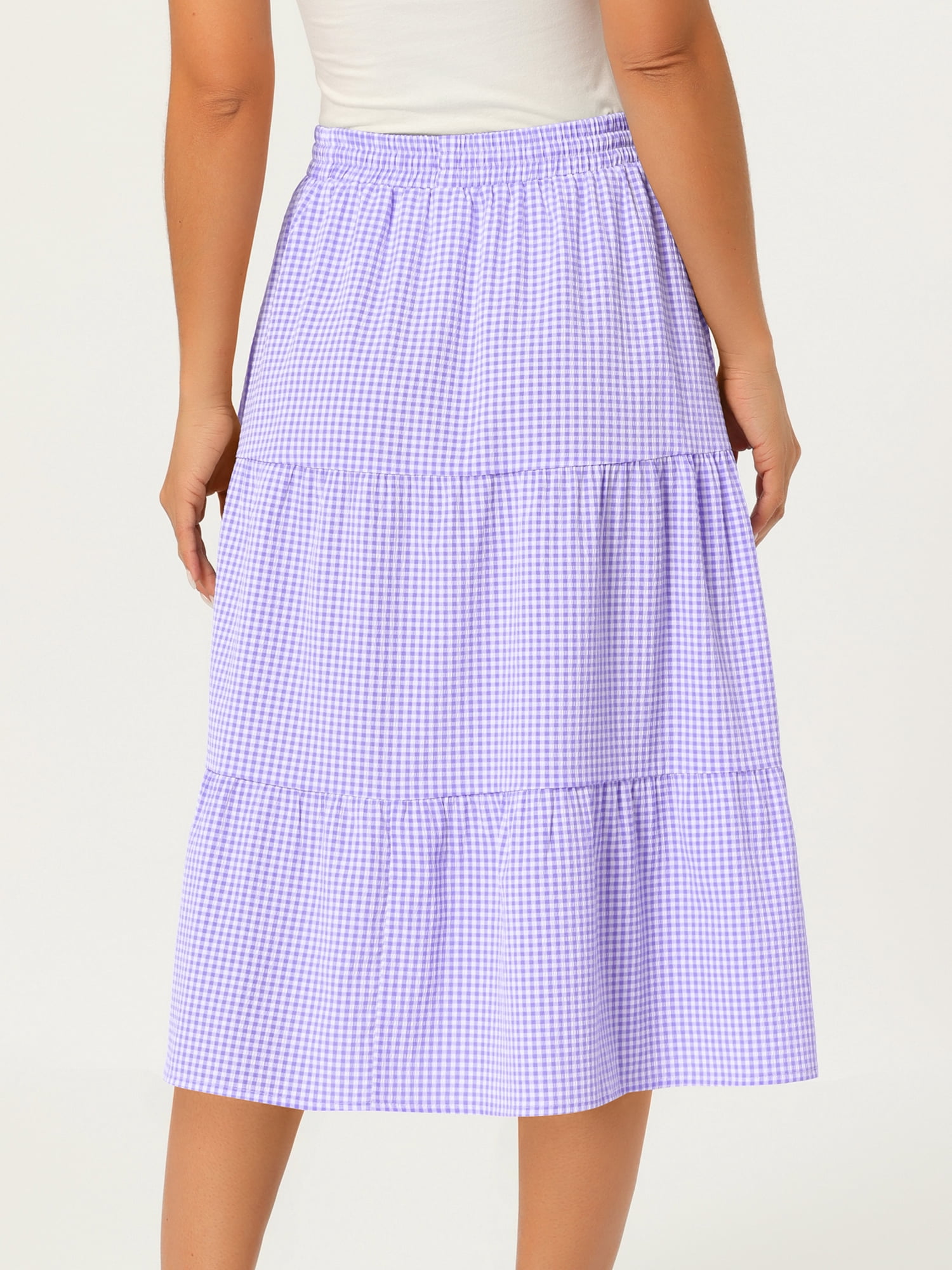 DARING DIVA Women's Gingham Drawstring Waist Tiered A-Line Midi Skirt Medium Purple