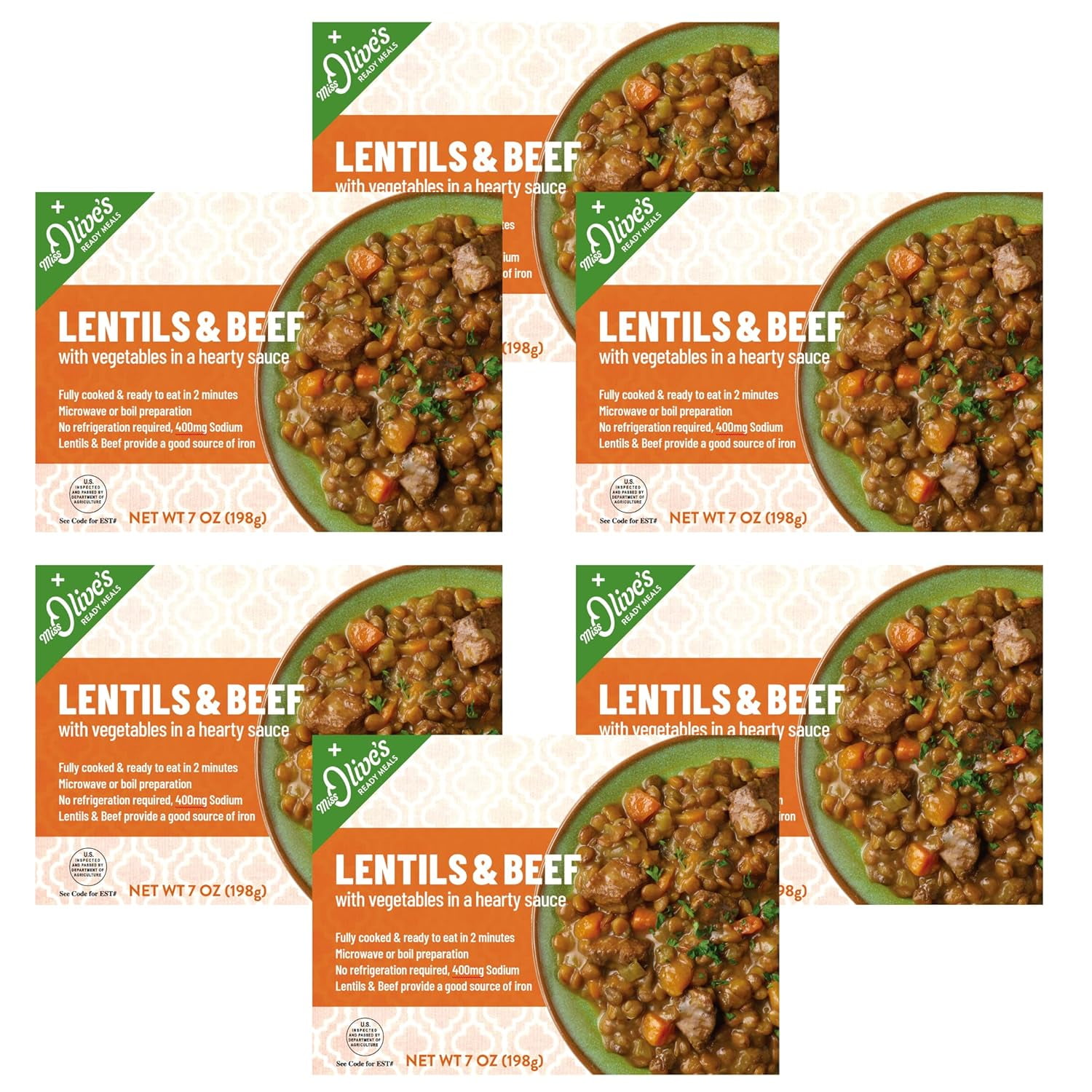 Miss Olives Lentil & Beef with Vegetables in a Hearty Sauce, Shelf Stable, Low-Sodium Ready Meal (Pack of 6)