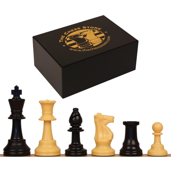 The Chess Store Club Special Tournament Size Triple Weighted Plastic Chess Pieces Black & Camel with Extra Queens & Box - 3.75" King