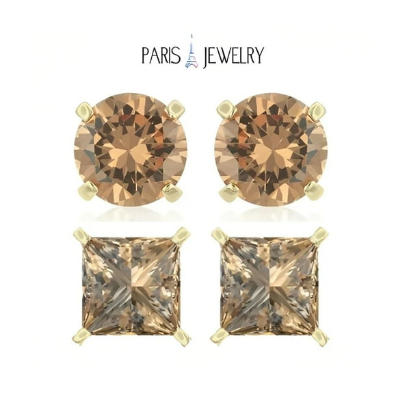 Paris Jewelry 18k Yellow Gold 2 Pair Created Champagne 6mm Round & Princess Cut Stud Earrings Plated
