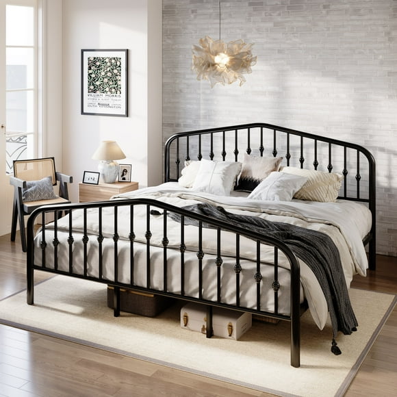 Amolife King Size Metal Platform Bed Frame with Victorian Vintage Headboard & Footboard, Black