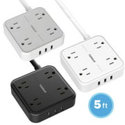 TESSAN Flat Plug Power Strip with 4 Widely Spaced Outlets Charger, 3 USB Port, 5 Feet Extension Cord Indoor, Compact Size Desktop Charging Station Wall Mount for Home, Office, Dorm