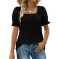 thumbnail image 2 of Lenpel Women's Summer Tops Trendy Ruffle Puff Short Sleeve Square Neck Solid Color Casual T-Shirts Tunic Tee Blouses, 2 of 7