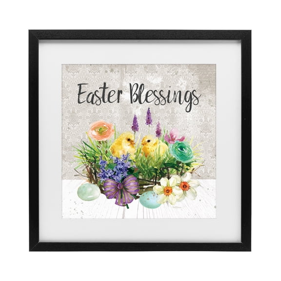 Stupell Industries Cottage Easter Blessings Basket of Flowers Black Framed Print Under Glass, 13 x 13, by Carol Robinson
