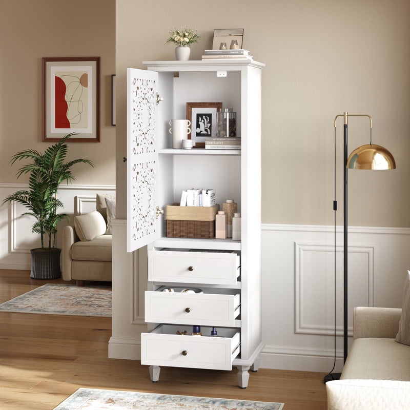 Vintage Storage Cabinet with Carved Door & 3 Drawers, Freestanding Decorative Sideboard, Display Cabinet with Adjustable Shelf