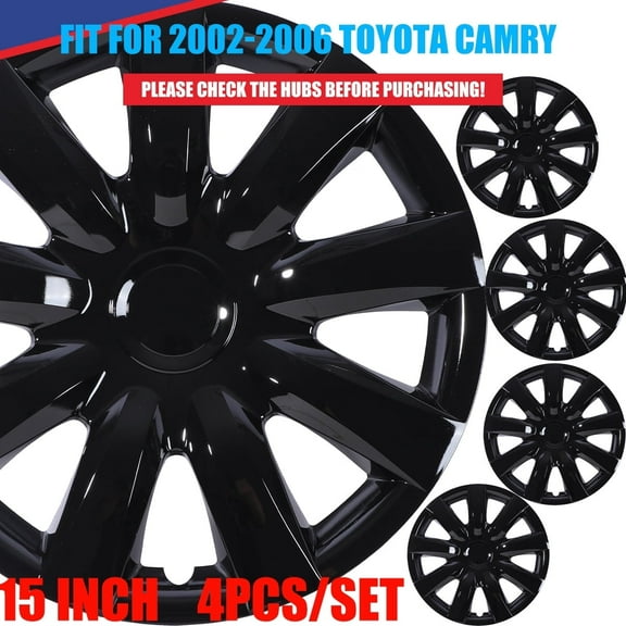 (4Pcs/Set)15" Hubcaps Steel Wheel Rims Cover Fit for 2002-2006 Toyota Camry PP Material Snap on Installation(15-inch,Black Lacquer)