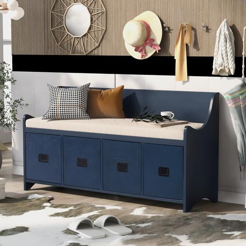 Storage Bench with 4 Drawers and Backrest, Solid Wood Shoe Bench with