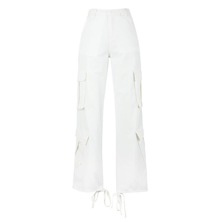 QIPOPIQ Pants for Women Wide Leg Street Pocket Elastic Low Waist Sports  Cargo Pants Trousers Clearance White M