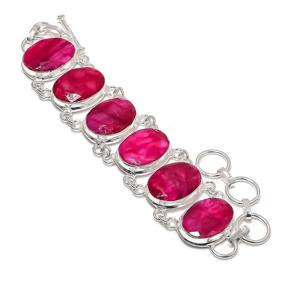 Natural Ruby(Simulated) Gemstone Handmade 925 Sterling Silver Bracelet 7-8"