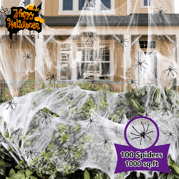 Richgv Spider Webs 1000 sqft Halloween Decoration with 100 Fake Spiders, Super Stretch Cobwebs for Halloween Indoor Outdoor Party Supplies